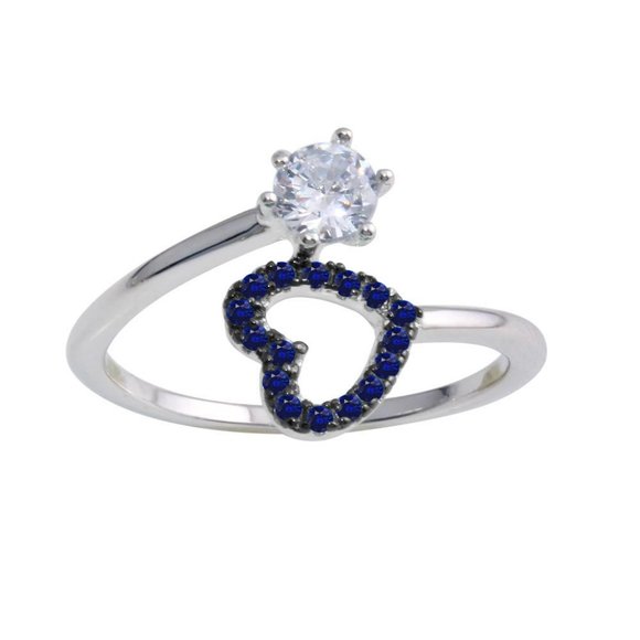 925 Sterling Silver Jewelry - Sterling Silver 925 Rhodium Plated Open Heart Ring with Blue and Clear CZ